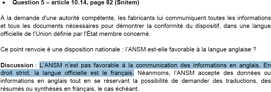 Langue du dossier technique de dispositif médical